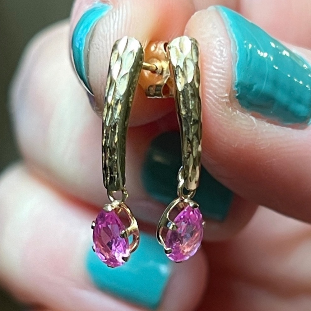Vintage 14k Solid Yellow Gold Pink Topaz Teardrop Dangle Earrings
